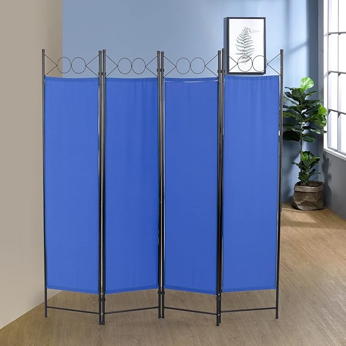4 Panel Room Divider 6FT Steel Frame Screen Folding Privacy Divider Freestanding Partition for Home Office Bedroom (Blue)