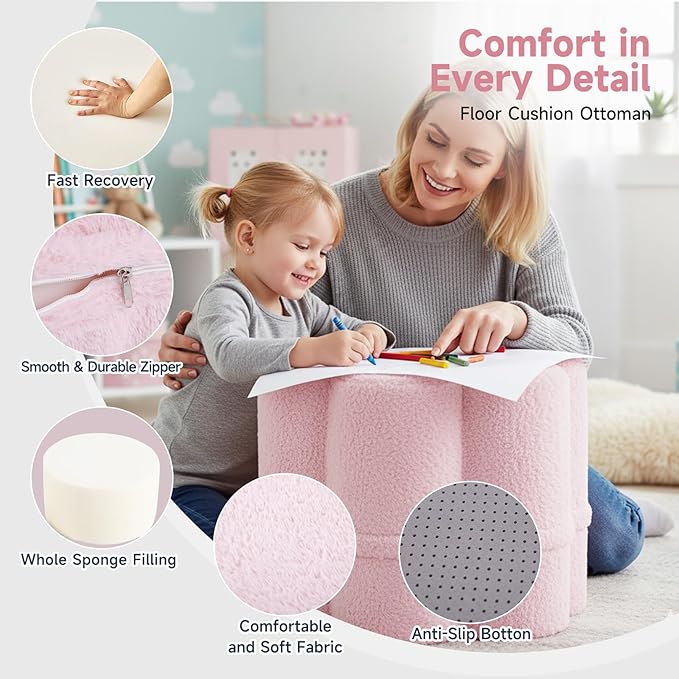 Tiita Floral Pouf Ottoman, Foot Stools Ottoman with Foam Chunk Filling, Puff Foot Rest for Couch, Living Room, Kids Room, Pink