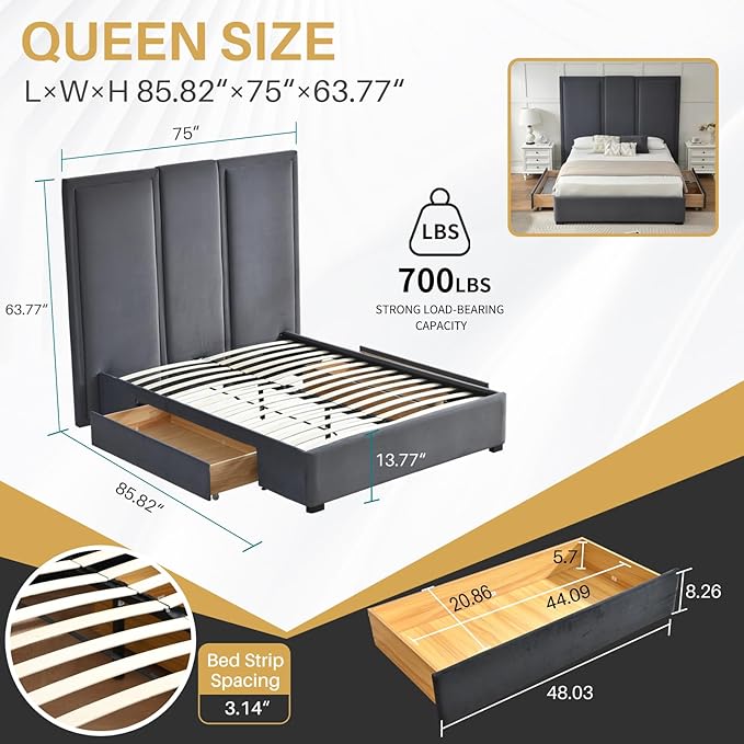 YUHUASHI Queen Size Bed Frame with 64-inch High Headboard, Simple and Airy Linen Upholstered Platform Bed with Storage Drawers, Wood Slat, No Noise (Grey, Queen (U.S. Standard))