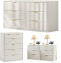 LEYAOYAO Fluted Dressers & Nightstand Set of 4, Wood 48" Wide Dresser & 42" Tall Chest of Drawers,Modern Bedroom Furniture Sets,White Wooden Nightstand Set of 2 with 3 Drawers & Charging Station