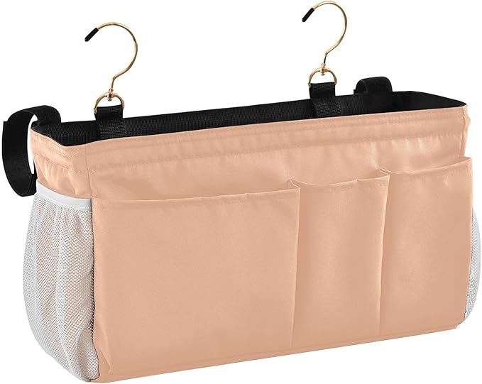 KOPIRIT Peach Orange Bedside Caddy Storage Bag Bedside Organizer for Headboards Bunk Beds Hanging Storage Organizer 6 Pockets with Hooks for Magazine Water Bottle Holder
