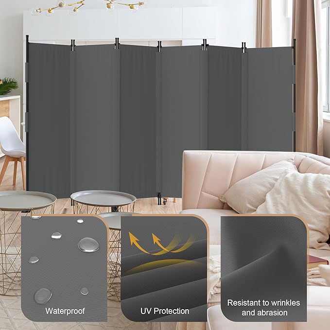 Room Divider, 6 Panel Upgraded Folding Privacy Screen, 132” Highly Secretive Separation with 4 Metal Feet, Partition Screen, Lightweight Freestanding Wall Divider Bedroom (Grey)