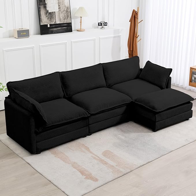 112'' Sectional Modular Cloud Couch, Oversized L Shaped 3 Seat Sofa with Movable Ottomans, 2 Throw Pillows, Upholstered Corduroy L Shape Comfy Deep Couches for Living Room and Office, Black