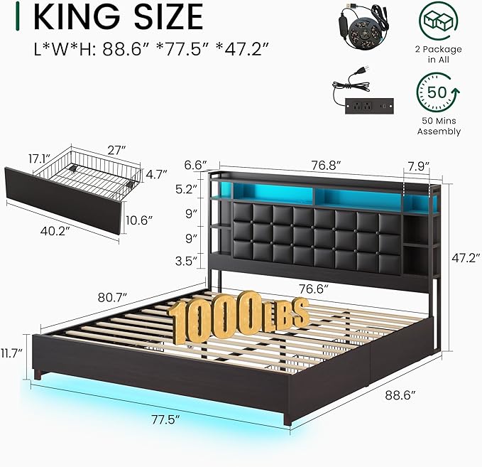 LARMACE King Size Bed Frame with 4 Storage Drawers and Bookcase Headboard, Faux Leather Upholstered, Wooden Platform Bed Frame with Charging Station and LED Lights, No Box Spring Needed, Black