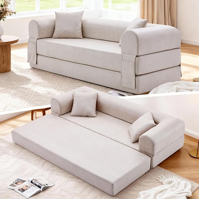 Convertible Folding Sofa Bed,78.5 Inch Faux Leather Futon Couch with Pillows & Storage Pocket,5-in-1 Queen Sleeper Sofa in a Box with Pull Out Bed,Boneless Couch for Living Room Bedroom,Beige