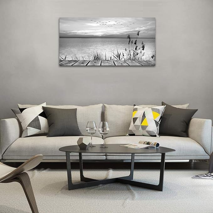 yearainn Black and White Canvas Wall Art Sunset Lake with Flying Birds Pictures for Wall Decor Nature Landscape Canvas Painting Artwork for Living Room Bedroom Home Office Wall Decoration 20" x 40"