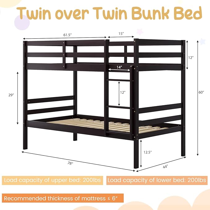 Giantex Bunk Bed Twin Over Twin, Solid Wood Bunk Bed with Sturdy Ladder & 12 Inch Safety Guard Rails, Twin Size Wood Bed Frame for Dormitory, No Box Spring Needed, Bunk Beds for Kids Teens, Espresso