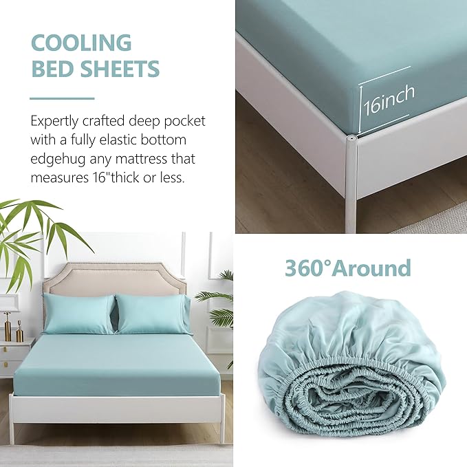 Linen World Lyocell Cooling Bed Sheets Set Queen Size,100% Organically Grown Viscose Sheets,Deep Pocket Up to 16",4 Pieces Silky Soft,Breathable Bedding Sheets & Pillowcases(Ice Blue,Queen)