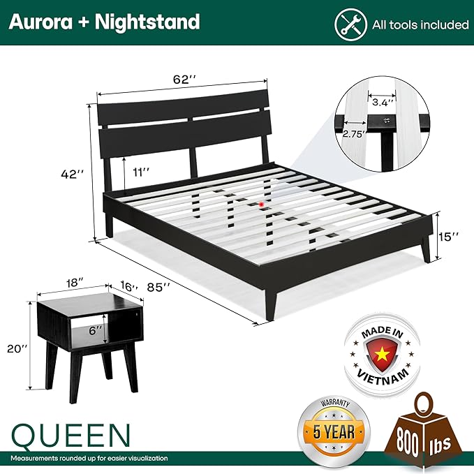 Acacia Aurora Queen Solid Wood Bed Frame with Headboard – Gift Matching Nightstand Included, Mid-Century Modern Farmhouse, Black Ristretto, 800 lbs Capacity, Sturdy, No Box Spring, Easy Assembly