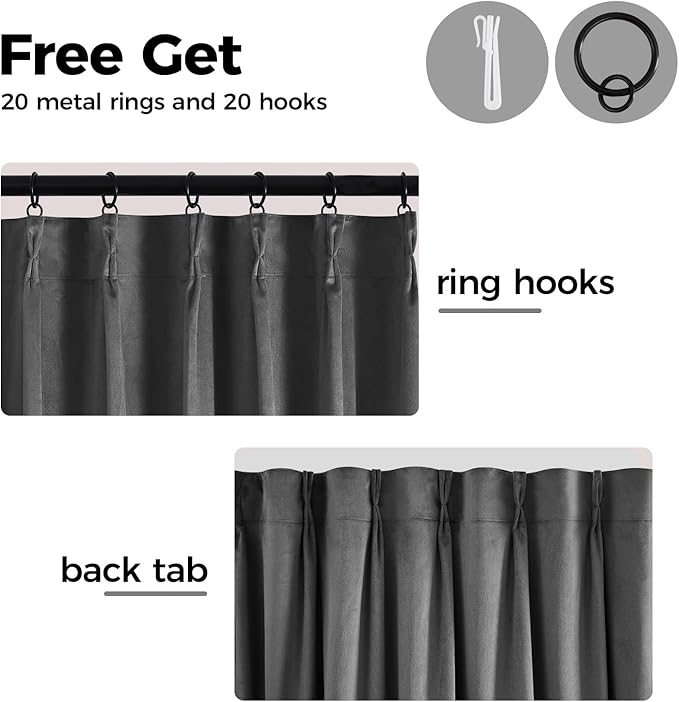 Pinch Pleated 100% Blackout Curtains for Bedroom, Grey Velvet Curtains for Living Room, Black Out Curtain 96 inch Long Room Darkening, Blackout Pinch Pleat Drapes with Hooks 2 Panels