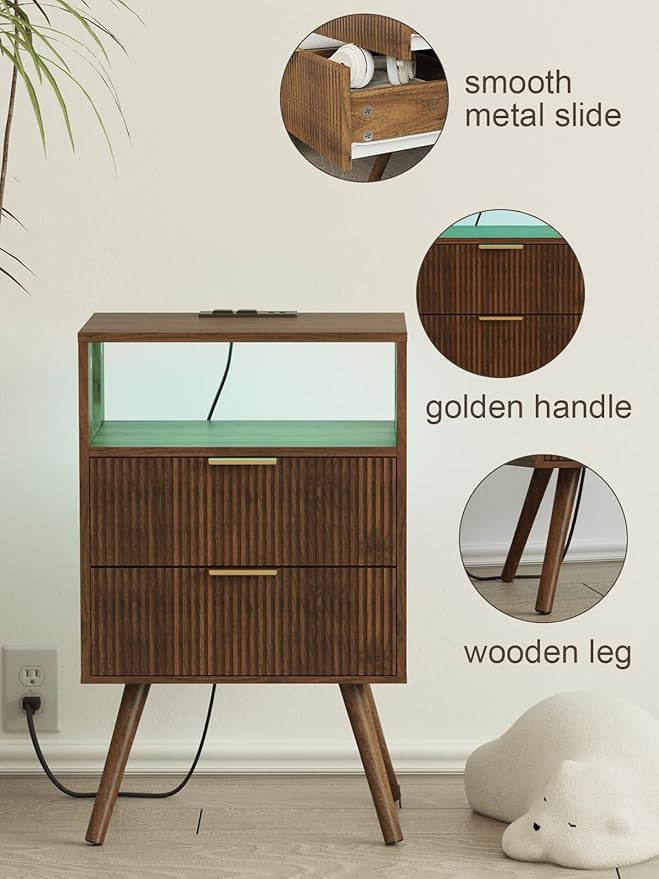 Nightstand with Charging Station and LED Lights, Modern Bedside Table with 2 Storage Drawer and Open Wood Shelf for Bedroom and Small Spaces, Night Stand with Solid Wood Legs