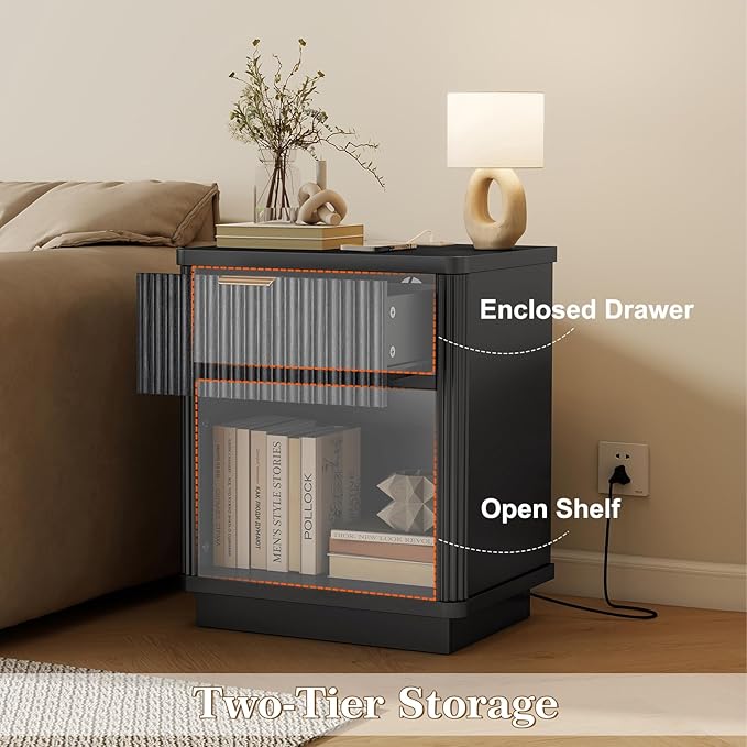 LYNCOHOME Fluted Nightstand with Charging Station, Bedside Table for Bedroom with 1 Drawer Storage, Side Table for Bedroom（Black）