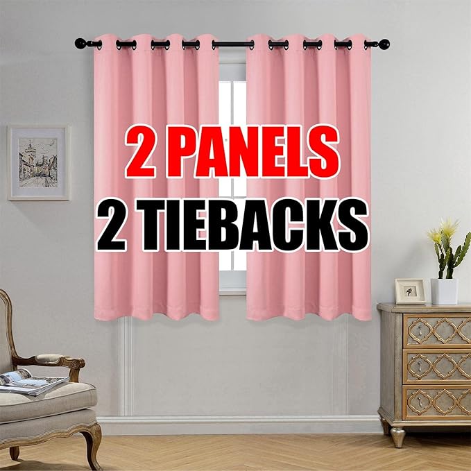 MIUCO 1 Pair Thermal Insulated Grommet 52-Inch-by-63-Inch Blackout Window Curtain Panels with 2 Tie Backs, Pink