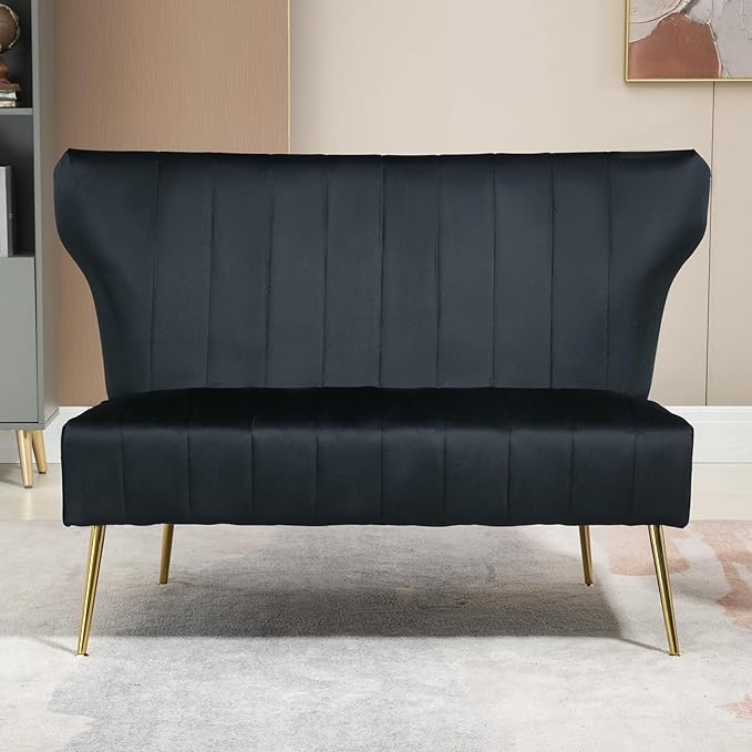 50’’ Armless Loveseat Sofa, Comfy Upholstered Velet Small Couch Sofa with Gold Legs, 2 Seater Tufted Modern Couch for Living Room, Bedroom, Apartment Small Space (Black)