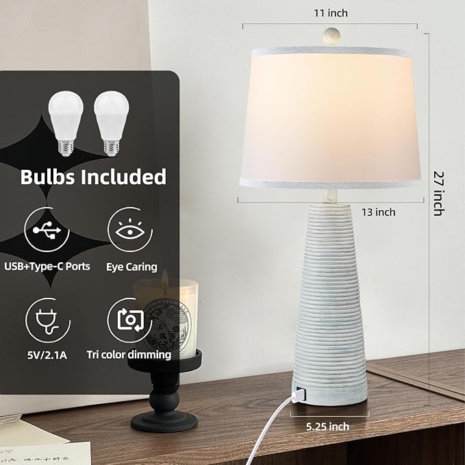 Terpsichore Nightstand Lamp Desk Lamp Vintage Bedside Lamps Set of 2 Rustic Farmhouse Table Lamps 3 Way Dimmable Light,Suitable for Living Room Bedroom,with Linen Shade LED Bulb,USB A+C Port