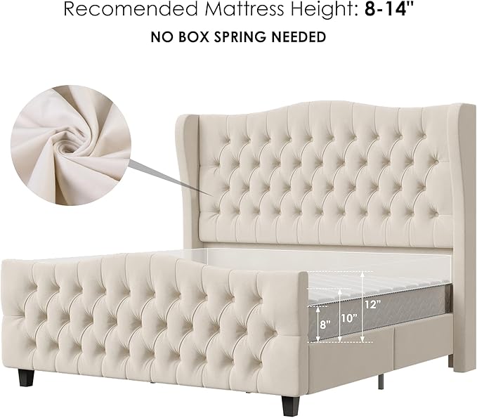 Keyluv Queen Size 54.3” Tall Platform Bed Frame with Deep Button Tufted Wingback Headboard and Footboard, Velvet Upholstered Bed Frame with Handmade Pleats, No Box Spring Needed, Beige/Cream