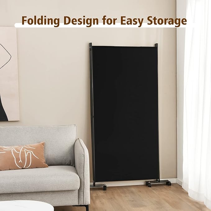 GOFLAME 3 Panel Folding Room Divider, 6FT Rolling Privacy Screen with Lockable Wheels, Portable Room Partition Screen, Freestanding Wall Divider and Separator for Home Office, Black