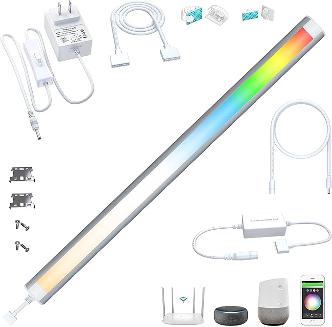 Smart Under Cabinet Lights, LED Light Bar, White & RGB Multi Color Changing Counter Lighting. Alexa Google App Controlled Lamp for Kitchen ,Shelf, Bookcase, above Sink, Desk (1-Bar 20 Inch Kit)