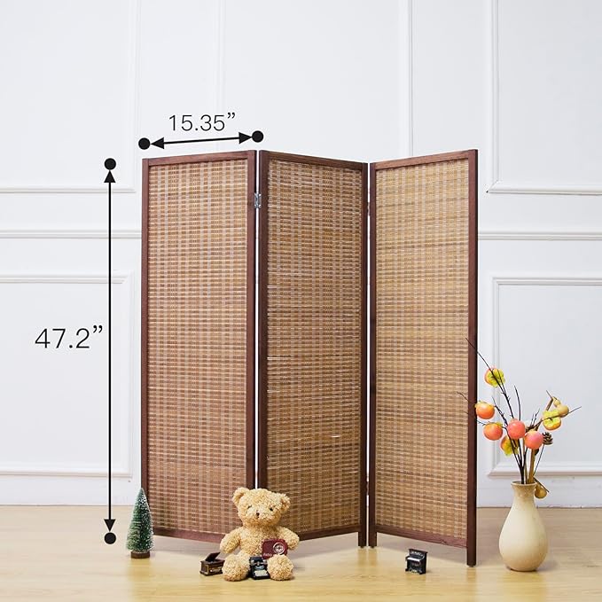 3 Panel Short Room Divider Screen,Brown Freestanding Partition,Small Bamboo Panel Divider for Room Seperation,3.95 FT Tall