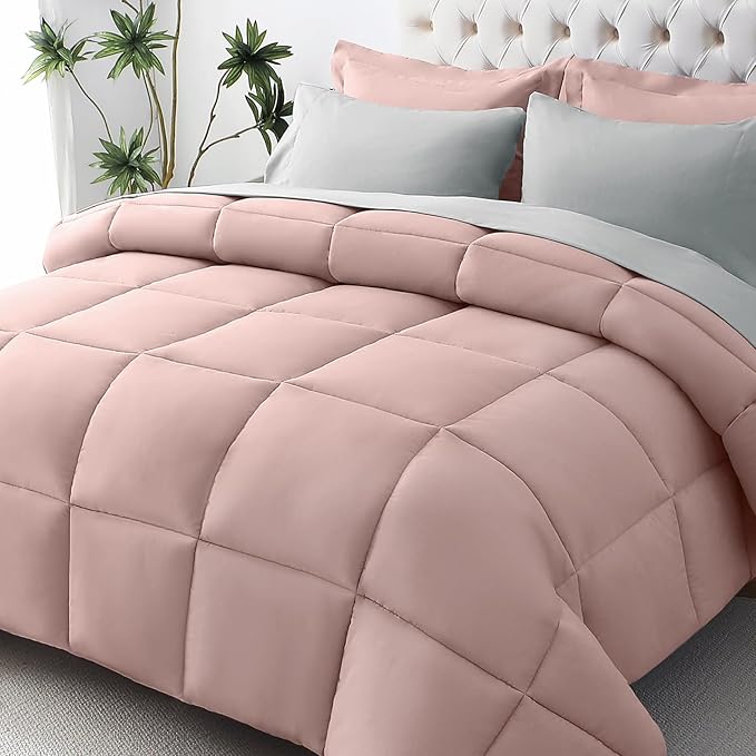 JOLLYVOGUE Twin XL Comforter Set, Ultra-Soft Bed in a Bag Twin XL Size 5 Pieces, Oeko-TEX Certified Bedding Set with Down Alternative Comforter, Sheets, Pillowcases & Shams, Pink & Light Grey