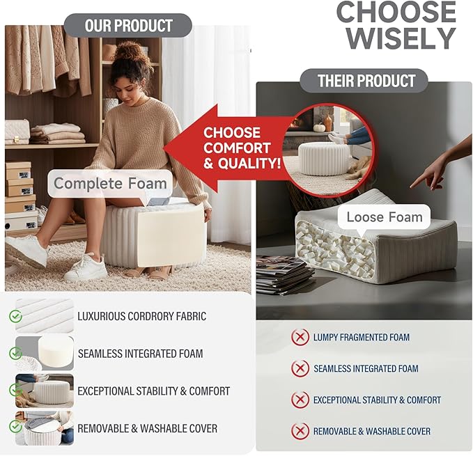 Tiita Round Stuffed Pouf Ottoman, Stripe Faux Fur Poufs with Foam Chunk Filling, Furry and Fluffy Pouf 21×21×12 inch Foot Stool Storage Ottoman,Puff Office Foot Rest for Couch Living Room, Beige
