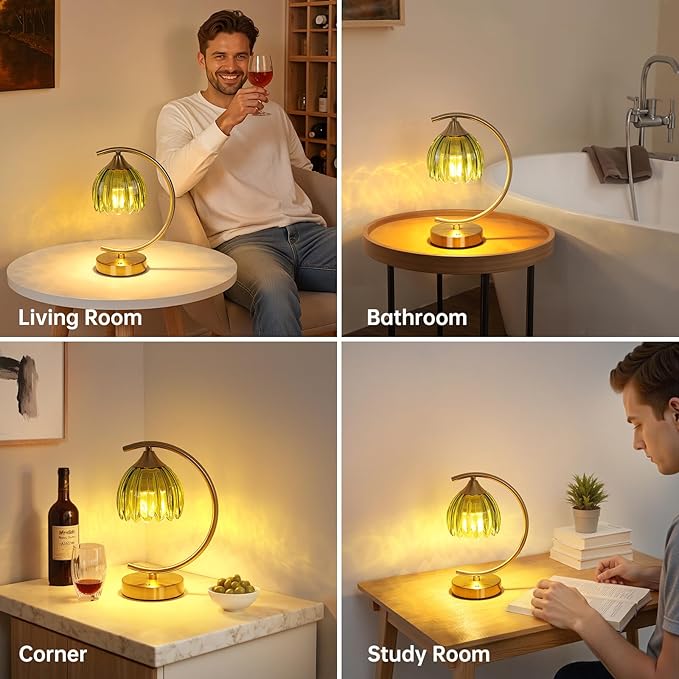 Tulip Table Lamp with 5200mAh Battery & Touch Control, Cordless Lamp with 3 Color Temperatures Clear Bulb, Rechargeable Small Table Lamps for Living Room, Bedside, Nightstand (Green Tulip)