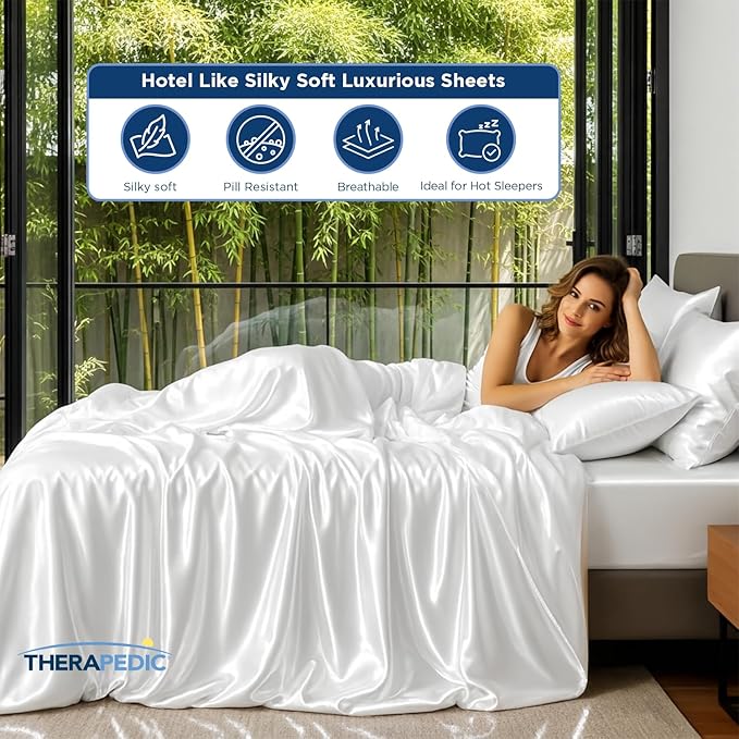 Therapedic 1000TC Split King 7-Piece Sheet Set - 100% Organic Rayon Dervied from Bamboo Blend with Cooling Fiber, Ideal for Hot Sleepers - 16" Deep Pocket Fitted Sheet, Bonus Pillowcases - Light Blue