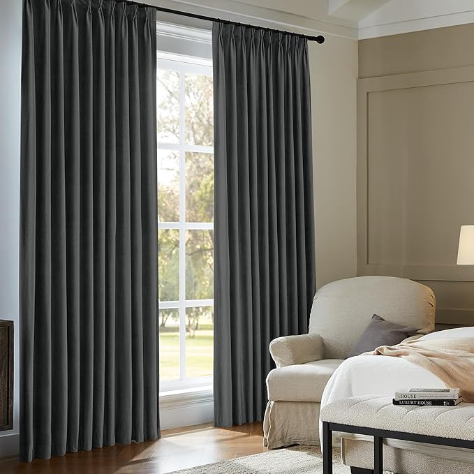 Pinch Pleated 100% Blackout Curtains for Bedroom, Grey Velvet Curtains for Living Room, Black Out Curtain 102 inch Long Room Darkening, Blackout Pinch Pleat Drapes with Hooks 2 Panels
