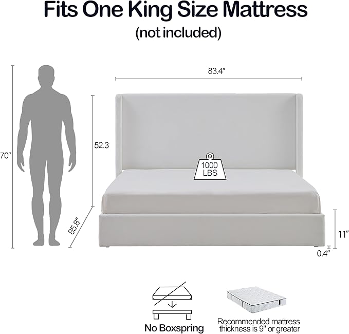 King Size Upholstered Bed Frame, 52.3" High Headboard Carmen Wingback Bed Frames, Tall Headboard Floor Platform Beds, No Box Spring Needed No Noise Minimalist Coconut Micro Suede, White