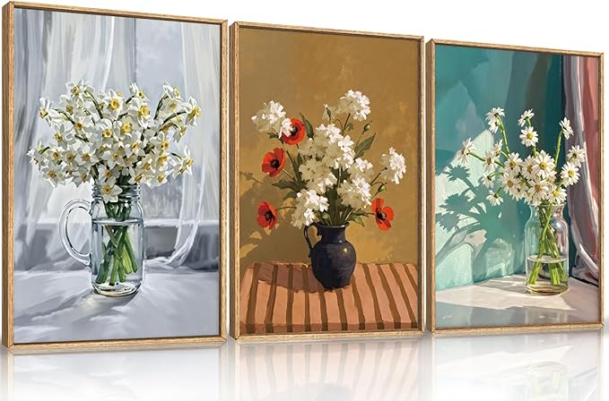 LHIUEM Large Vintage Botanical Floral Framed Canvas Wall Art,Boho White Daisy Vase Wall Decor,Modern Flower Sunshine Prints,Rustic Wildflower Artwork for Living Room,Bedroom,Dining Room,Office -24"x36"x3