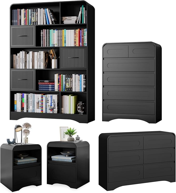 5 Piece Bedroom Sets, Modern Dresser and Nightstand Sets & Bookshelf with Safe Curved Design, Including Tall Bookshelf High & Wide 6 Drawer Dressers and Night Stand Set of 2 for Bedroom, Black