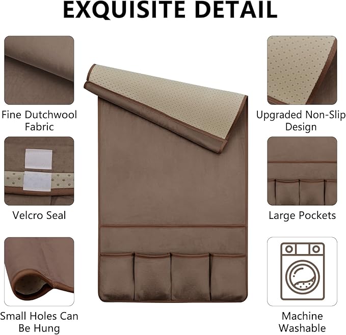 TV Remote Control Holder Couch Caddy, Non-slip Bedside Caddy Organizer with 5 Pockets for Key Glasses Phone Magazine Holders (Brown, 35''x18'')