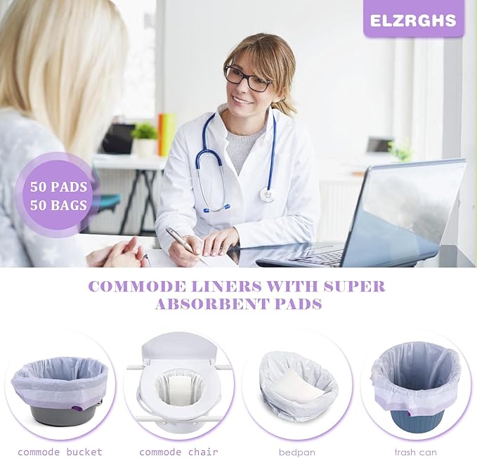 Commode Liners with Absorbent Pads for Bedside Commode, Commode Toilet,50 La-Vender Scented Bedside Commode Liners and 50 Commode Pads, White