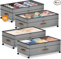 4 Pack Under Bed Storage with Wheels, Adjustable Height Storage Containers, 10 inches Large Capacity Rolling Underbed with Lids, Storage Drawers Shoes, Clothes, Blankets, Grey
