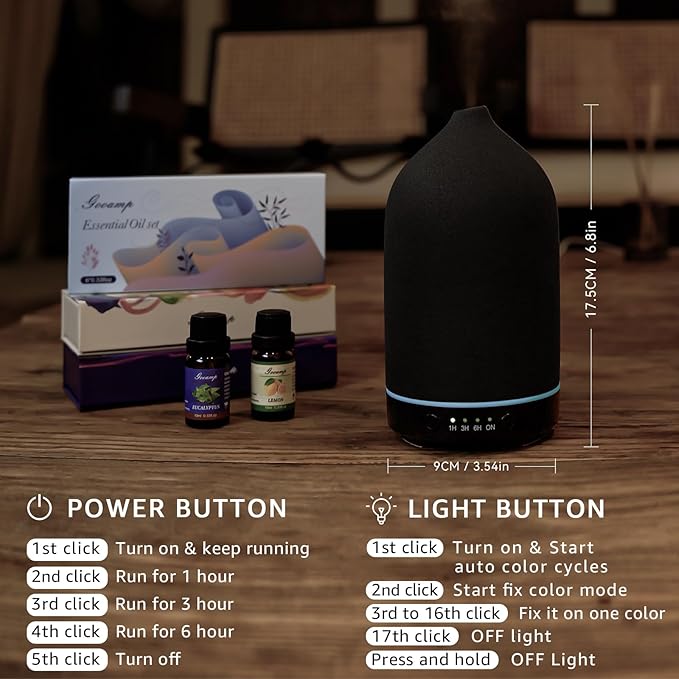Gooamp 200ML Ceramic Essential Oil Diffuser - Ultrasonic Aromatherapy & Humidifier with 7-Color LED Lights, Auto Shut-Off, Black, 1H/3H/6H Timer | Scent for Home, Office, Yoga