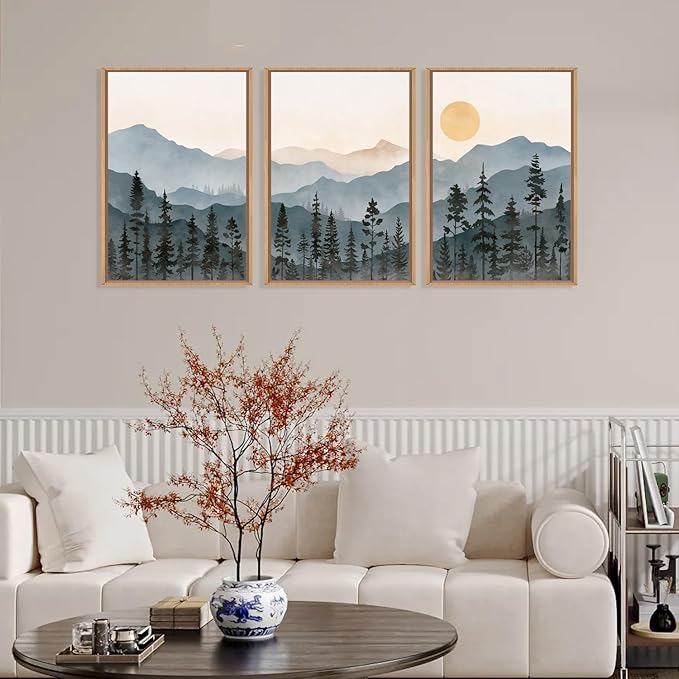 LHIUEM Boho Mountain Framed Canvas Wall Art Set,Forest Pine Tree Wall Decor, Sunrise Misty Wilderness Painting,Watercolor Nature Landscape Artwork for Living Room,Bedroom,Dining Room,Office -24"x36"x3