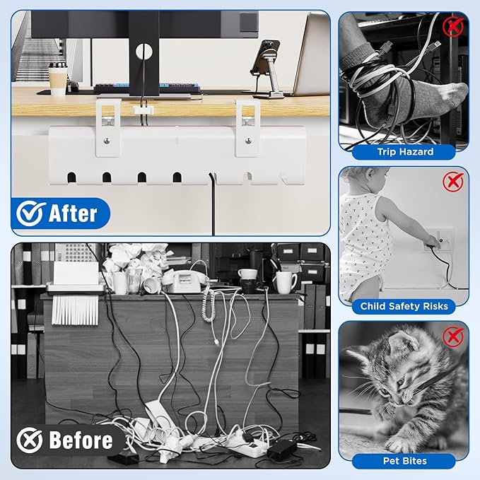 Under Desk Cable Management Tray No-Drill 2 Pack 16.9‘’ Wire Cord Organizers, Cable Management Under Desk for Home and Office No Damage White