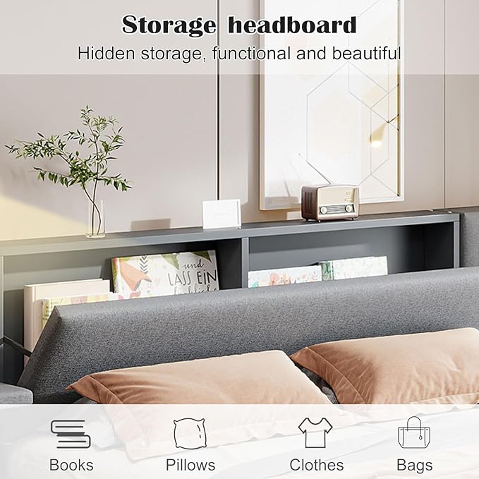 Luxury Queen Bed Frame,Queen Size Trundle Bed Frame with 2 Storage Drawers,Reading Lights, Storage Headboard,Storages Rack,Queen Size Linen Upholstered Platform Bed for Bedroom (Gray, Queen)