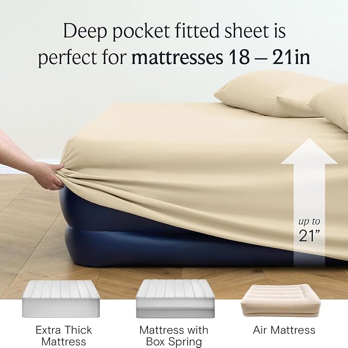 LuxClub 4 PC Queen Sheet Set, Deep Pockets Wrinkle Free Cooling Bed Sheets Hotel Bedding for Women, Men, Includes 1 Fitted Sheet, 1 Flat Sheet and 2 Pillowcases-Cream