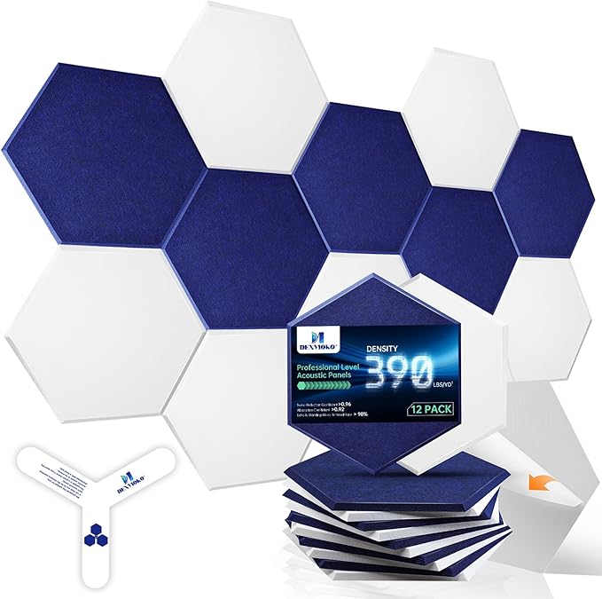 Self-Adhesive Acoustic Panels [390 lbs/yd³ Ultra-High Density], 2nd Generation Sound Absorbing Panel, Professional Level Sound Panel, Polyester Soundproof Foam [Size M, White & Dark Blue]