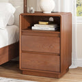 Solid Wood Nightstand, Natural Wood Night Stand with Charging Station, Mid Century Modern Nightstand with 2 Drawers and Storage Shelf, Bedside Table for Bedroom, Office, Brown
