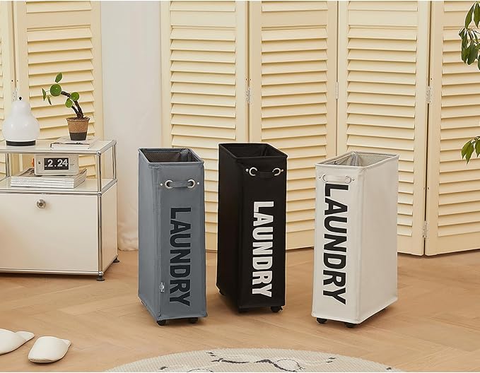 DOKEHOM 25-Inches Slim Laundry Basket on Wheels, Collapsible Rolling Laundry Hamper, Foldable Narrow Corner Clothes Storage Bins (Dark Grey)