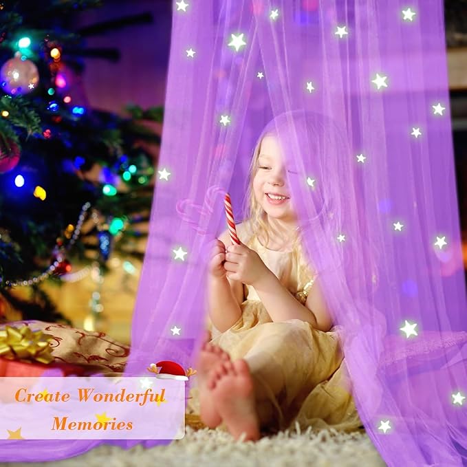 South to East Princess Bed Canopy for Girls with Glowing Stars, Purple Canopy for Girls Room, Bed Canopy Curtains from Ceiling for Twin Beds, Full Size Beds, Ideal Gift for Kids
