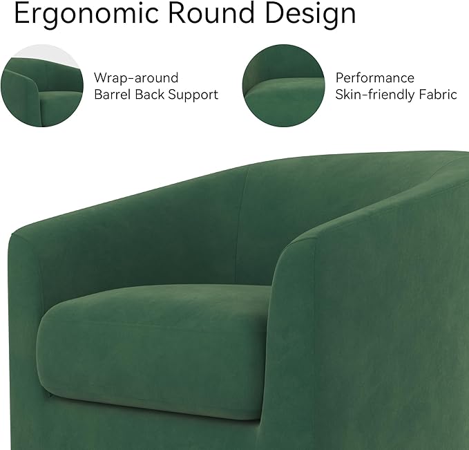 Swivel Barrel Accent Chair with Solid Wood Base, Round Velvet Living Room Arm Chairs, Modern Upholstered Comfty Reading Nook Chairs for Bedroom, Club Armchair, Single Sofa Side Chair, Green