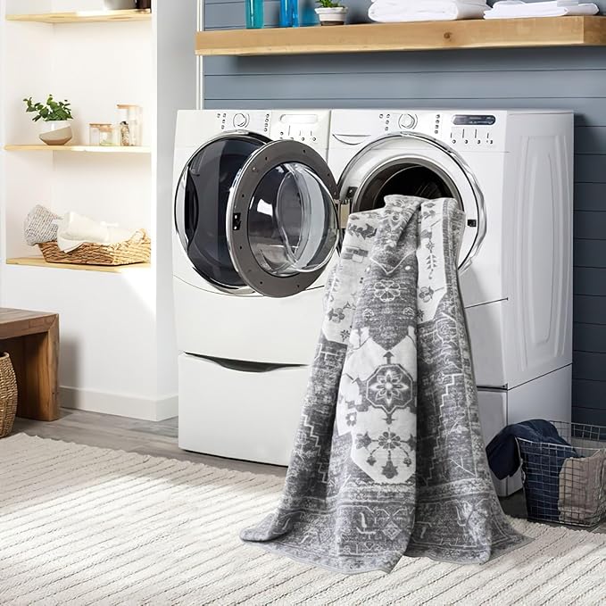 vivorug 9x12 Area Rugs, Stain Resistant Washable Rug for Living Room, Vintage-Inspired Grey Floral Rug