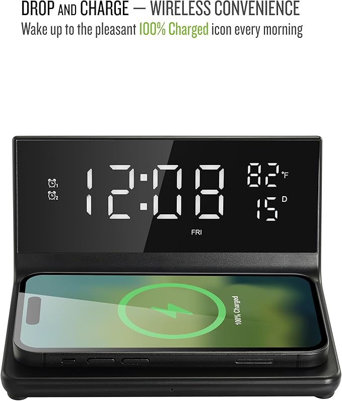 Soundfreaq Charge Rise II, SFQ-20: Digital Alarm Clock, with Dual Alarms, Fast USB Charger and Wireless Charger (Black)