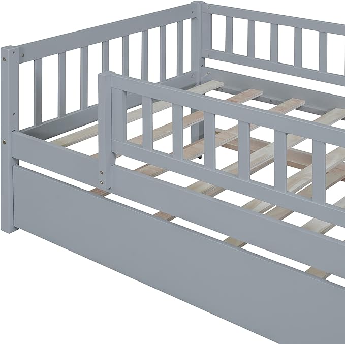 Bellemave Twin Kids Bed Frames with Rails for Kids, Twin daybed with Trundle for Boys/Girls/Adults，Gray