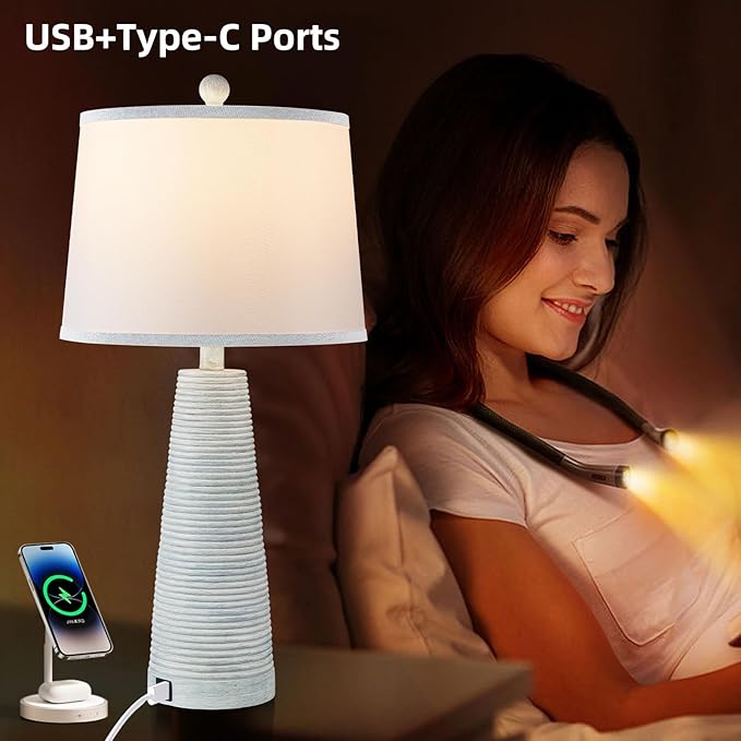 Terpsichore Nightstand Lamp Desk Lamp Vintage Bedside Lamps Set of 2 Rustic Farmhouse Table Lamps 3 Way Dimmable Light,Suitable for Living Room Bedroom,with Linen Shade LED Bulb,USB A+C Port