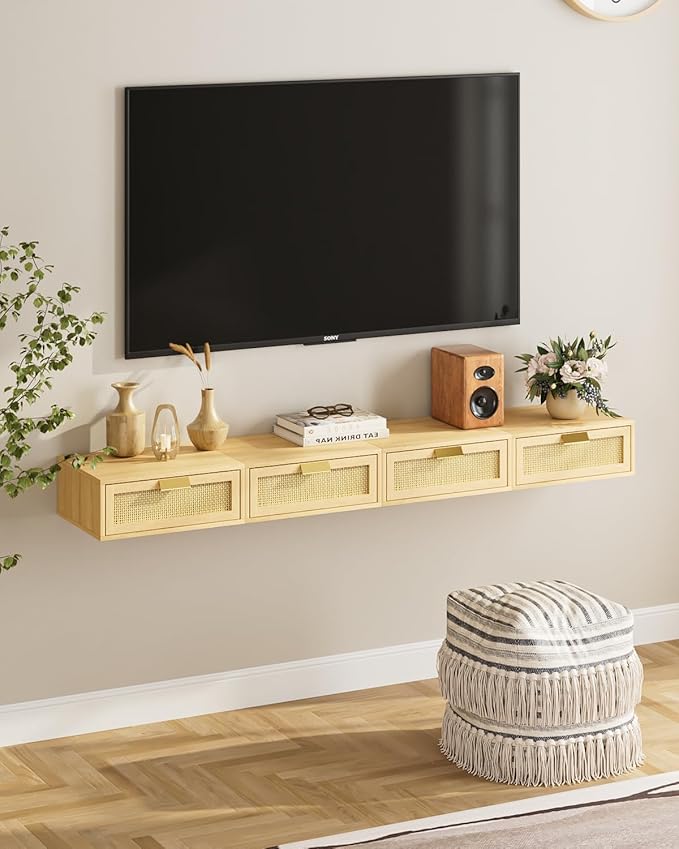 Floating Nightstand, Floating Shelf with Drawer, Wall Mounted Nightstand, Floating Bedside Table (Oak Rattan)