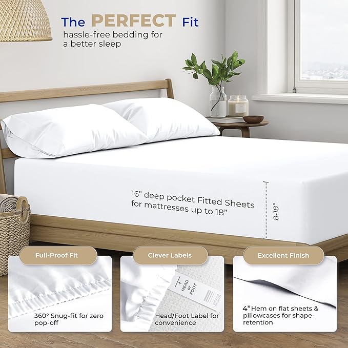 THREAD SPREAD 2-Pack Full Size Sheet Sets - 400 Thread Count 100% Cotton Sateen Weave - Extra Soft, Breathable, Hotel Quality Cooling Sheets, 2 Sets of Full Size Deep Pocket Bed Sheets (White)
